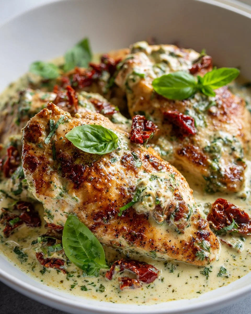 Creamy pesto sundried tomato chicken dish garnished for a delicious meal