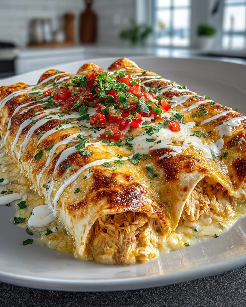 Delicious creamy queso chicken enchiladas topped with fresh cilantro