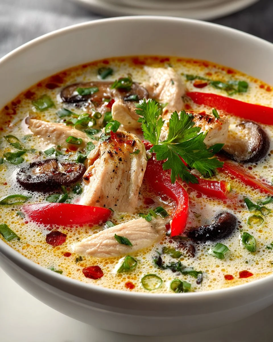 Bowl of creamy Thai Coconut Chicken Soup garnished with fresh herbs.