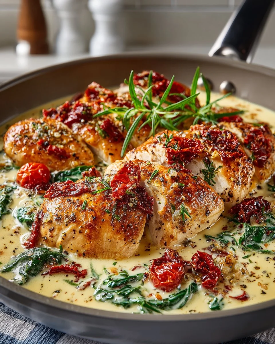 Creamy Tuscan Garlic Chicken Bake served with herbs and a rich sauce
