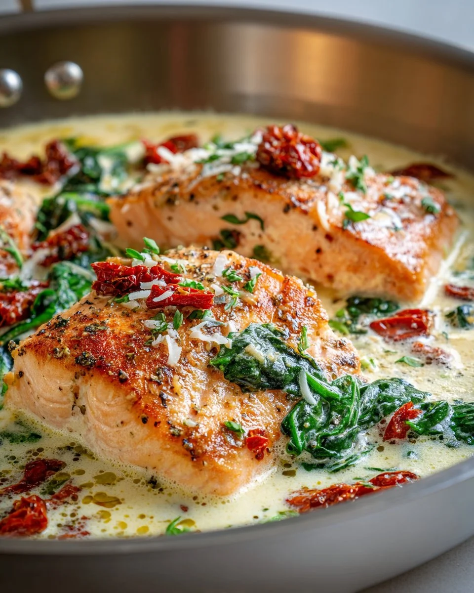 Delicious creamy Tuscan salmon skillet served with fresh herbs and vegetables.