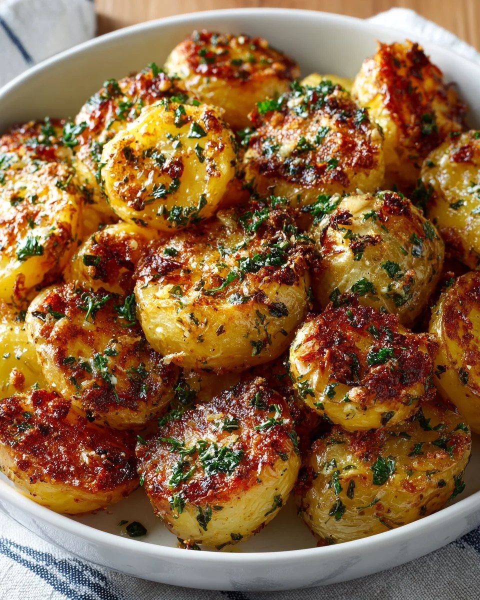 Crispy Greek potatoes garnished with lemon for flavor