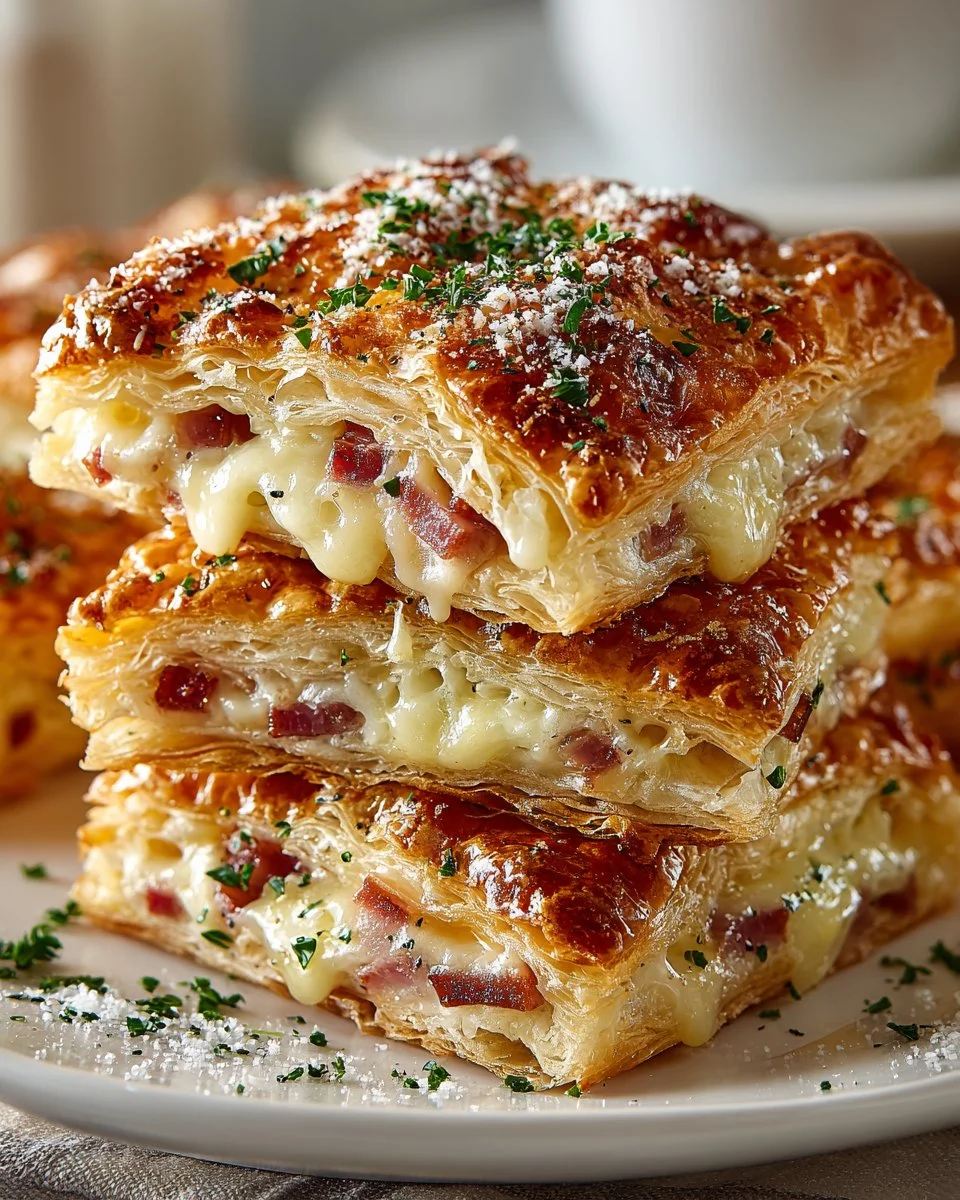 Crispy ham and cheese puff pastry stacks on a plate