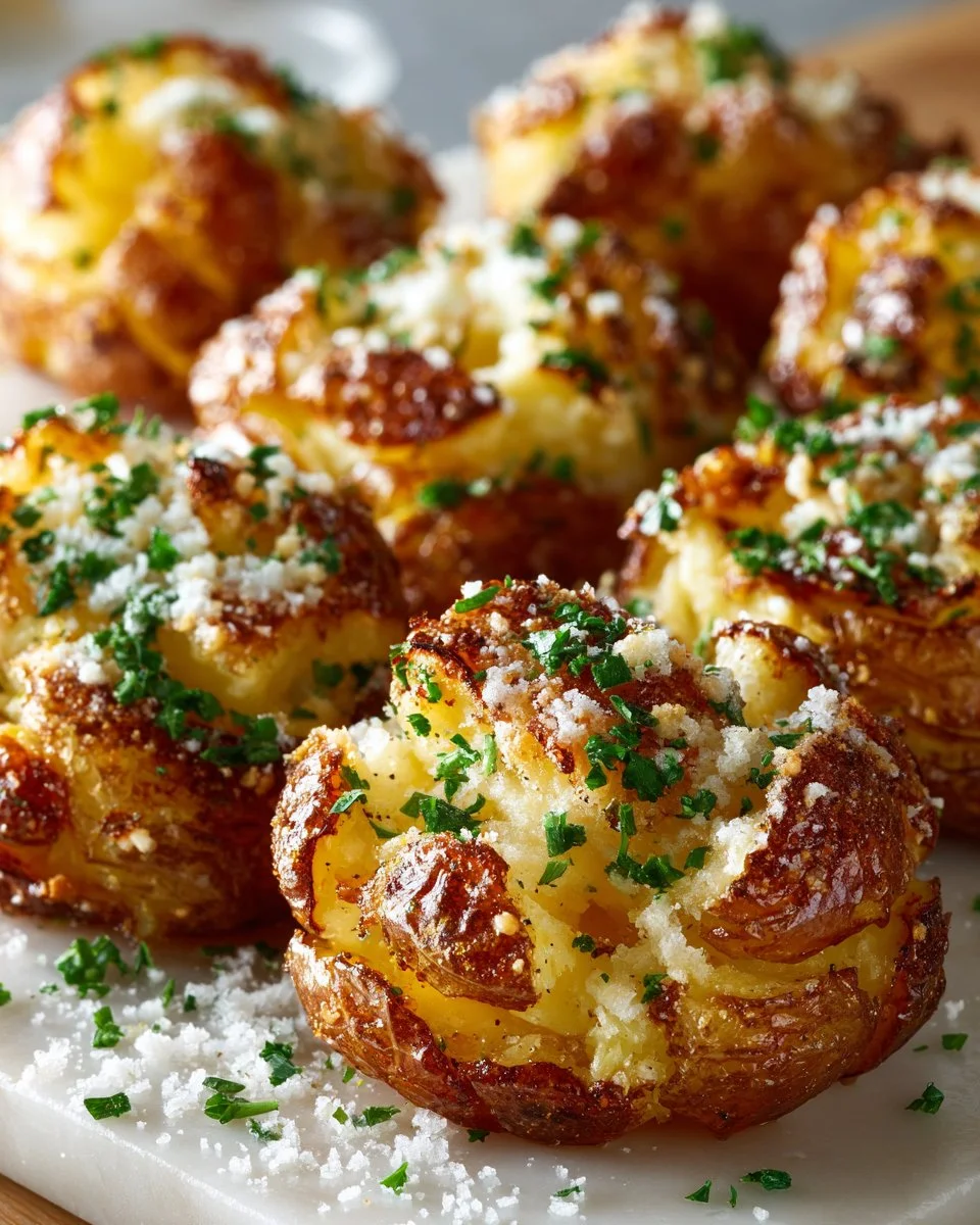 Crispy Parmesan Garlic Smashed Potatoes topped with herbs and spices