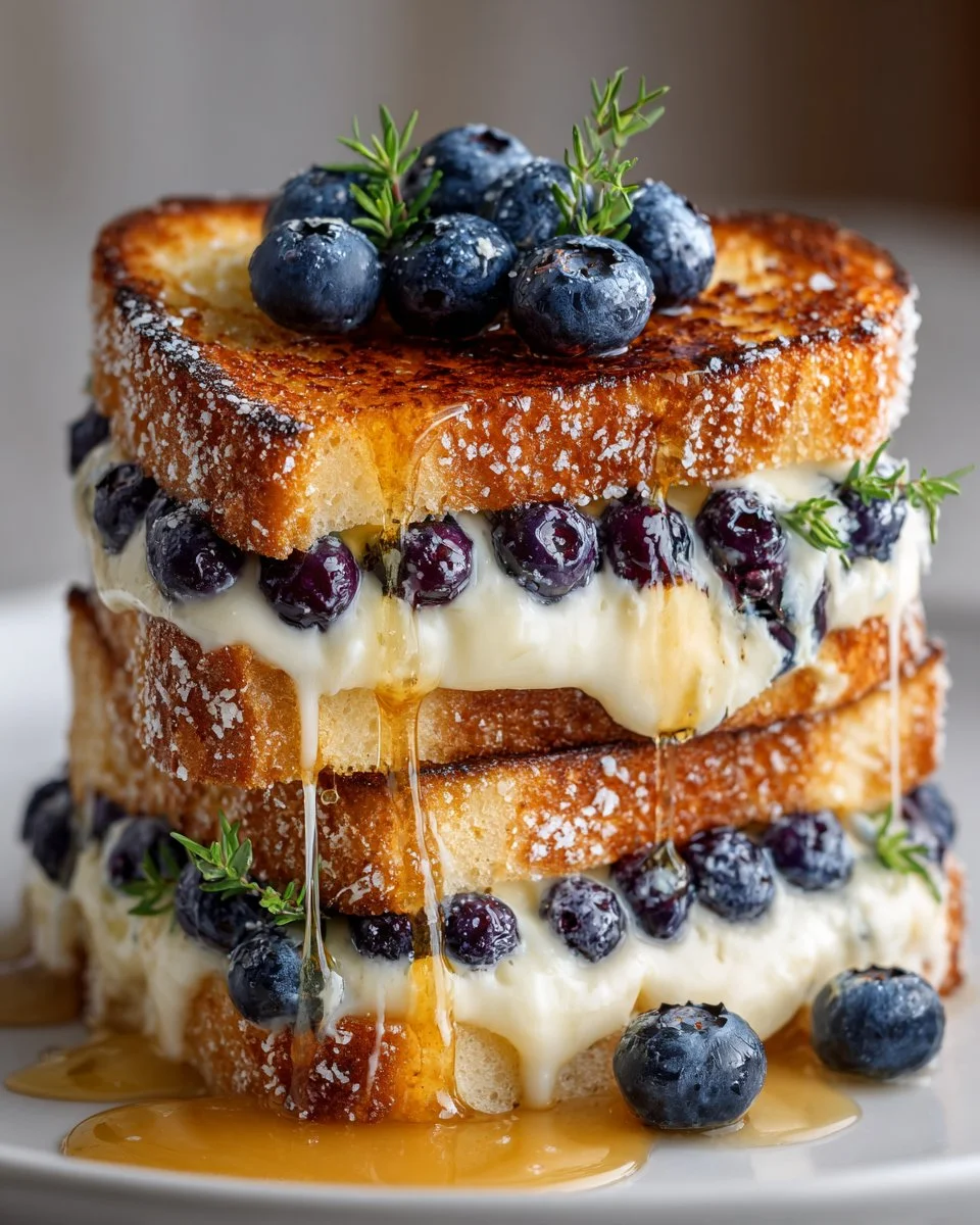 Gourmet grilled cheese sandwich with sweet blueberries on a wooden board.