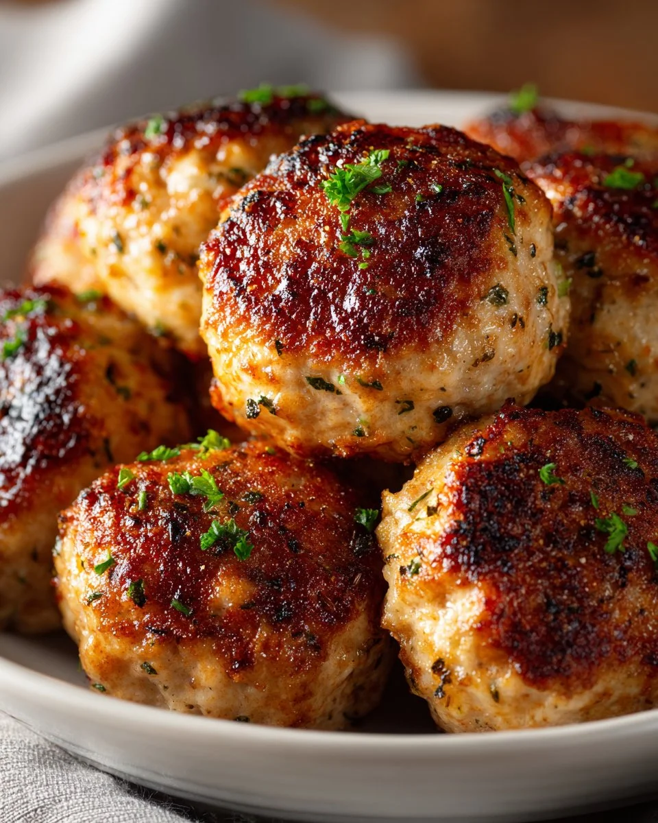 Plate of easy baked chicken meatballs garnished with herbs