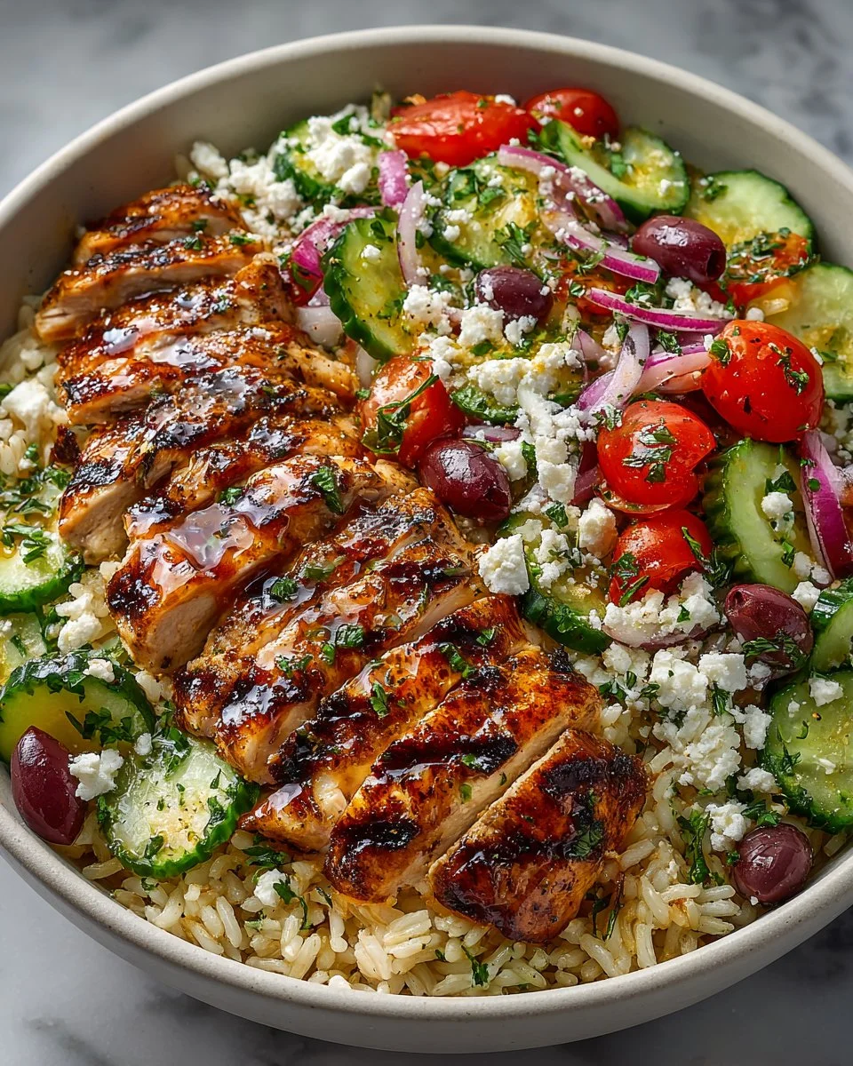 Delicious Mediterranean chicken rice bowls topped with fresh vegetables and herbs.
