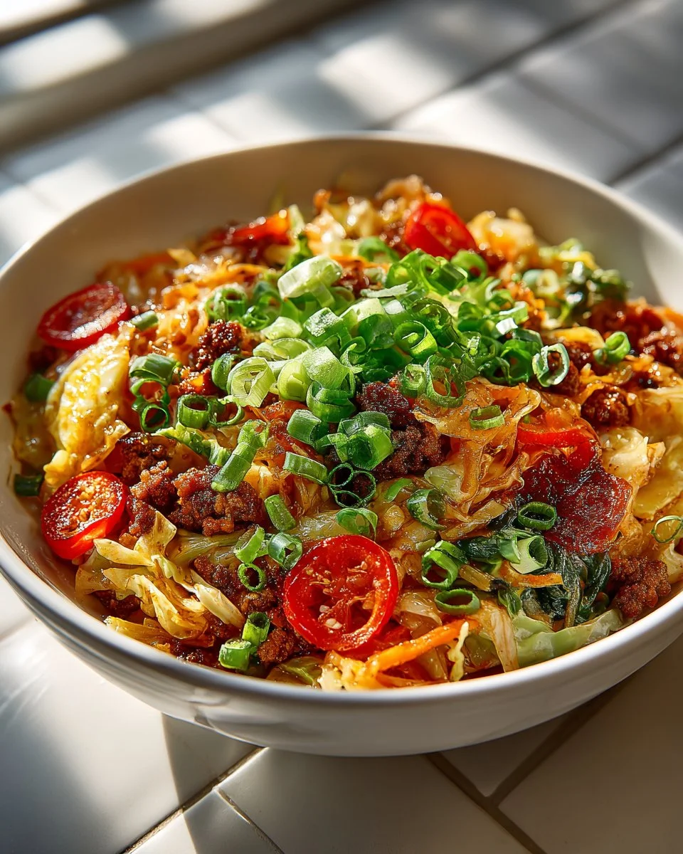 A colorful bowl of egg roll ingredients with veggies and meat, garnished.