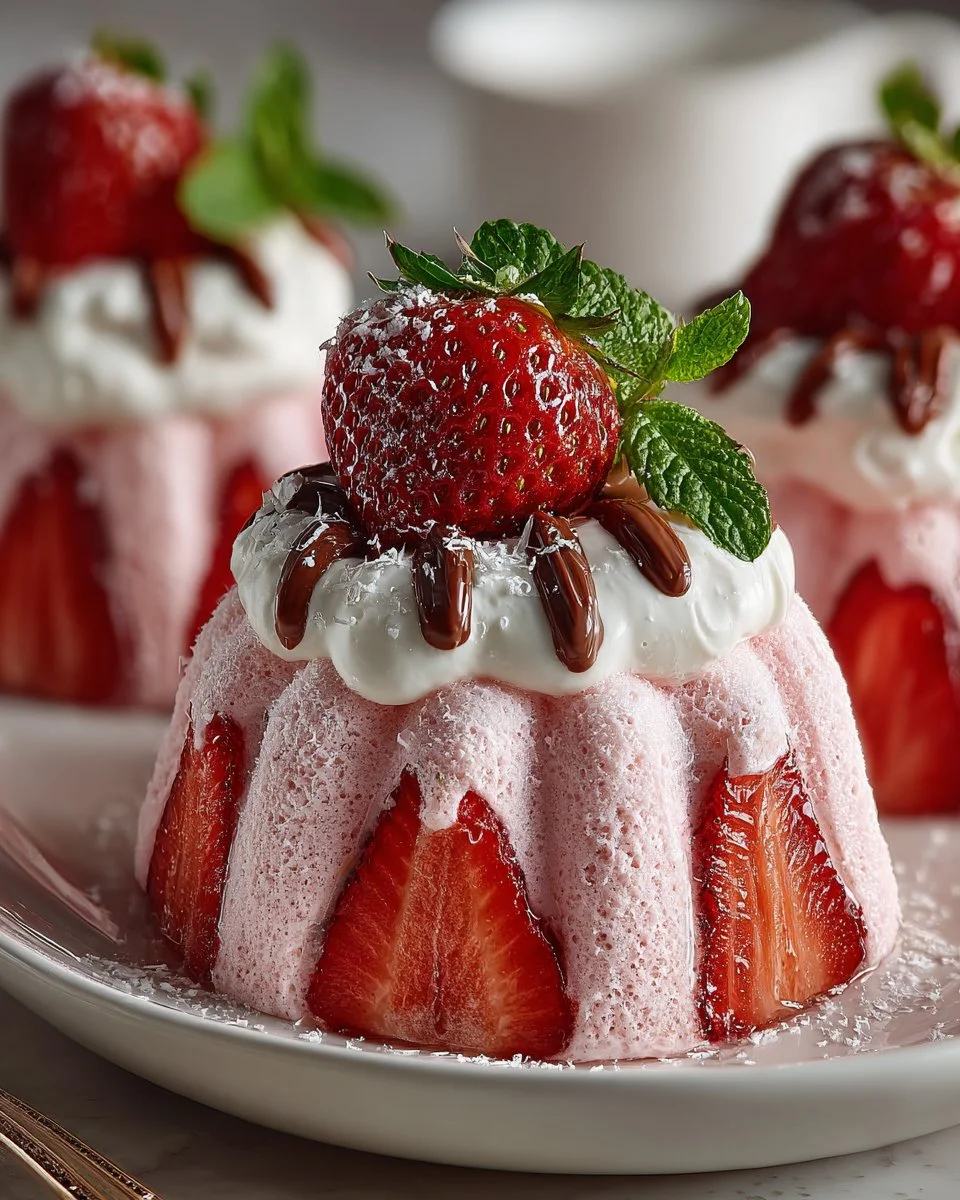 Fresh Strawberry Mousse Domes dessert with vibrant strawberries and cream
