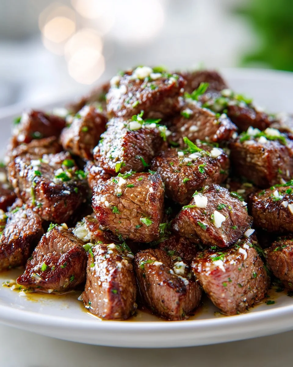 Garlic butter steak bites served on a plate, garnished with herbs.