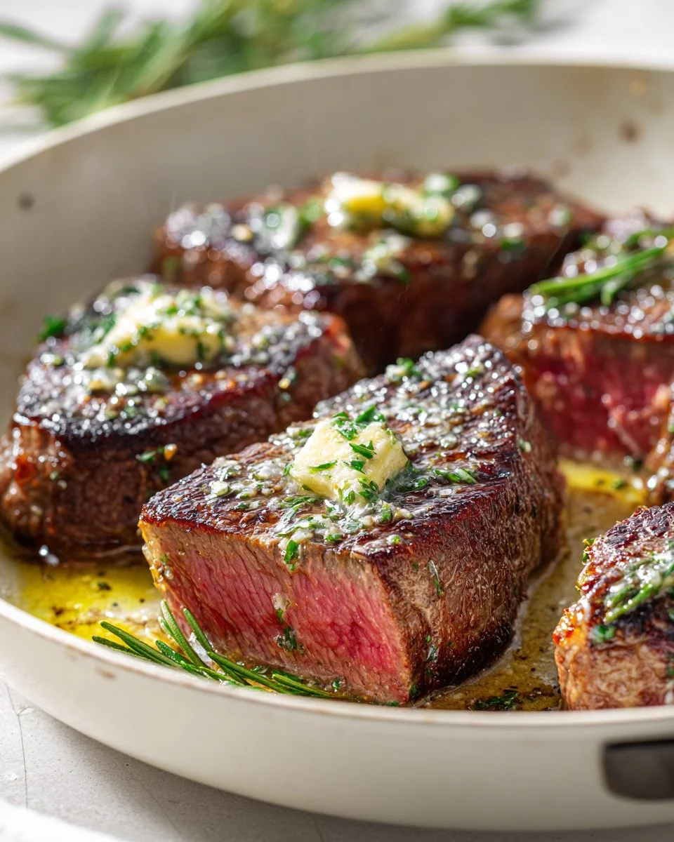 Delicious Garlic Butter Steak Skillet served with fresh herbs and vegetables.