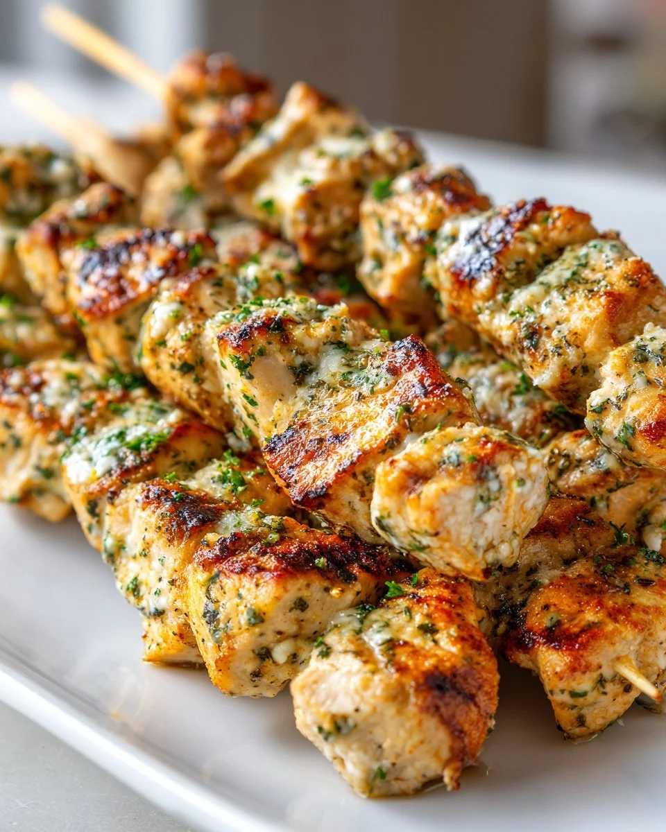 Delicious Garlic Parmesan Chicken Skewers grilled to perfection