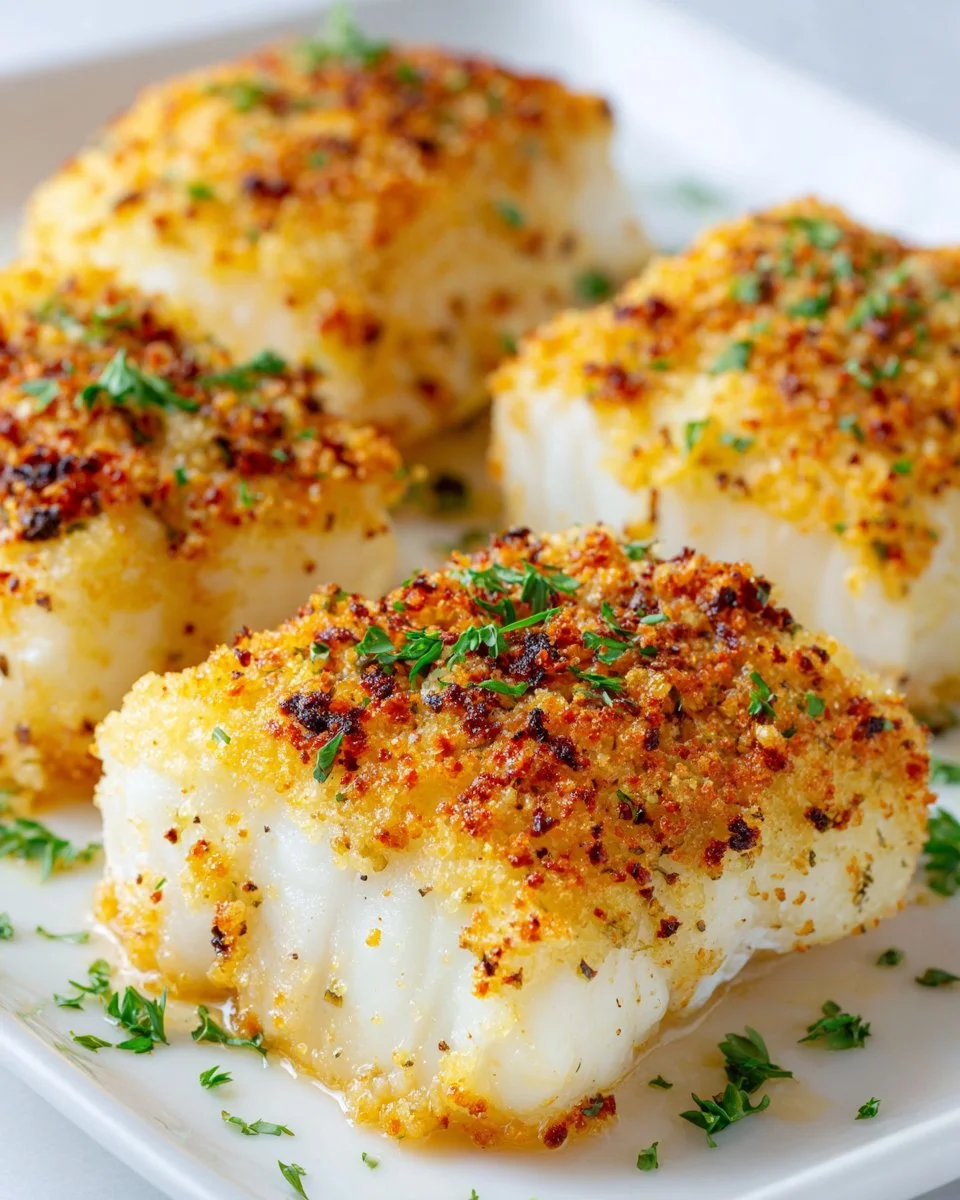 Delicious Garlic Parmesan Crusted Halibut served with lemon and herbs