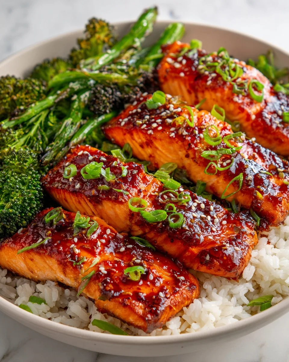Gochujang glazed salmon bowl with vegetables and rice