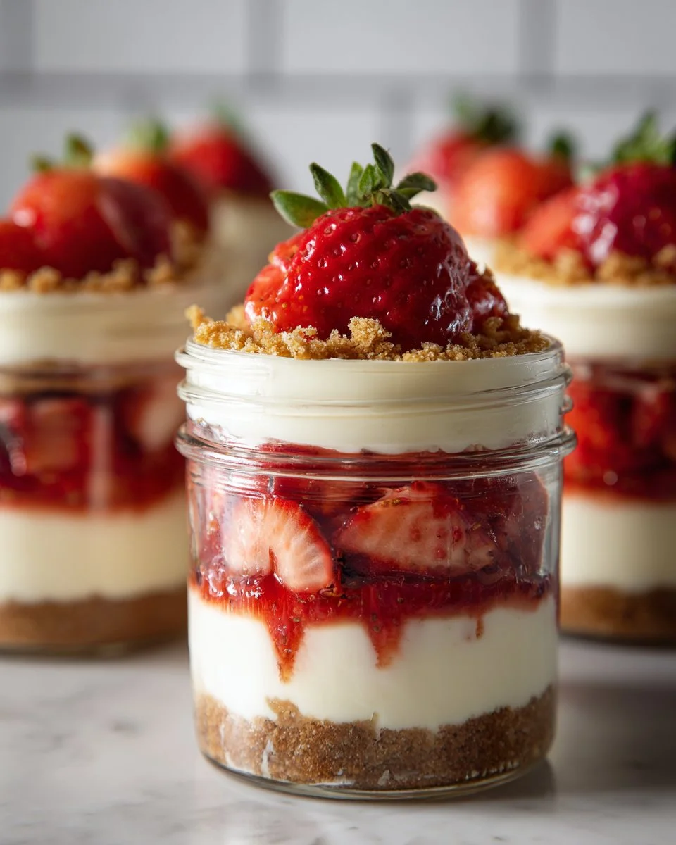 Greek yogurt strawberry cheesecake jars topped with fresh strawberries