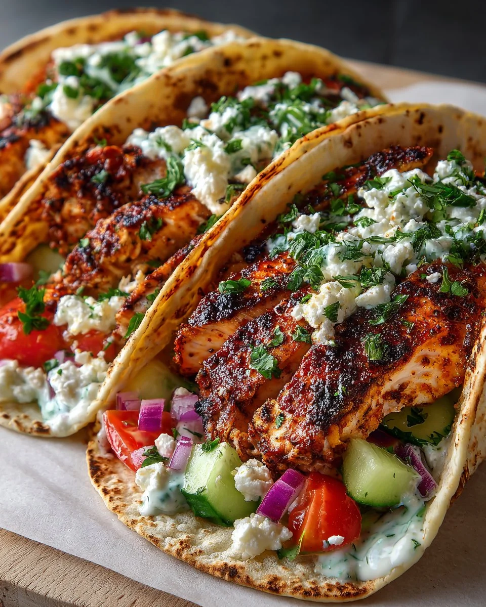 Healthy Mediterranean chicken tacos with fresh ingredients and vibrant flavors