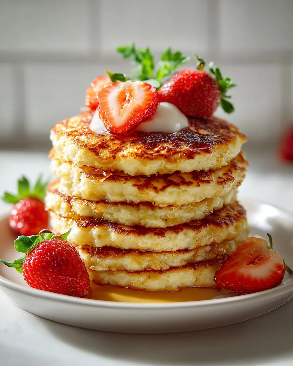 High protein cottage cheese pancakes stacked on a plate with berries