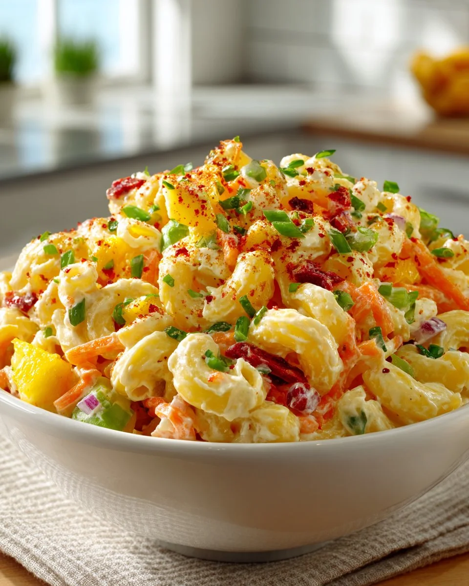Bowl of homemade Hawaiian macaroni salad with vegetables and mayonnaise