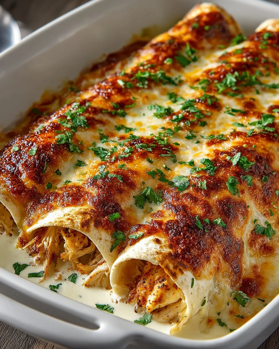 Delicious homemade white rotisserie chicken enchiladas topped with cheese and sauce