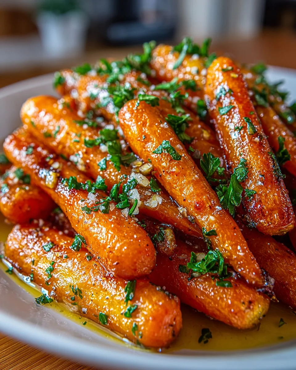 Honey garlic soy roasted carrots on a serving platter