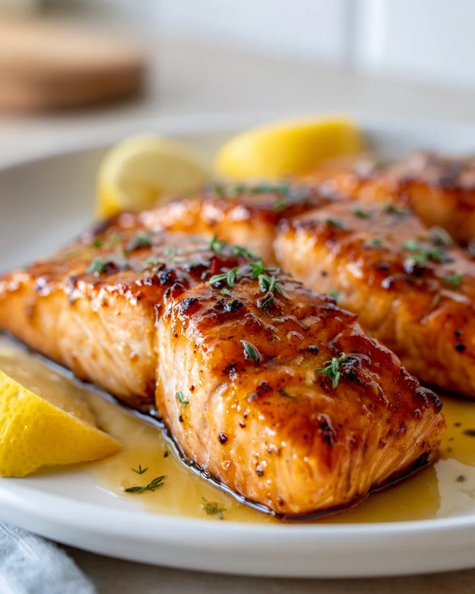 Hot honey glazed salmon served on a plate with herbs and lemon garnish.