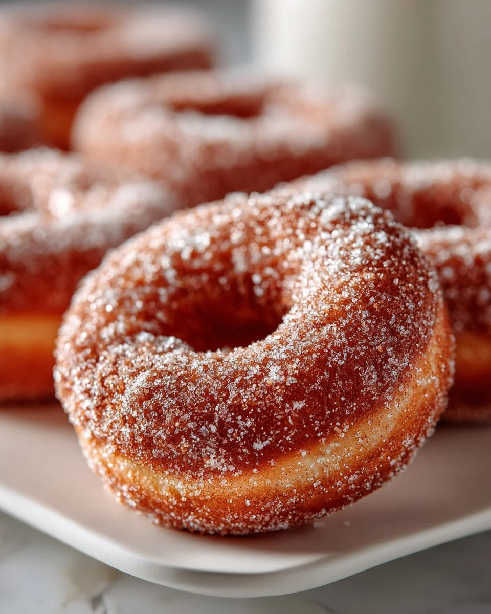 Freshly baked apple cider donuts on a cooling rack with cinnamon topping.