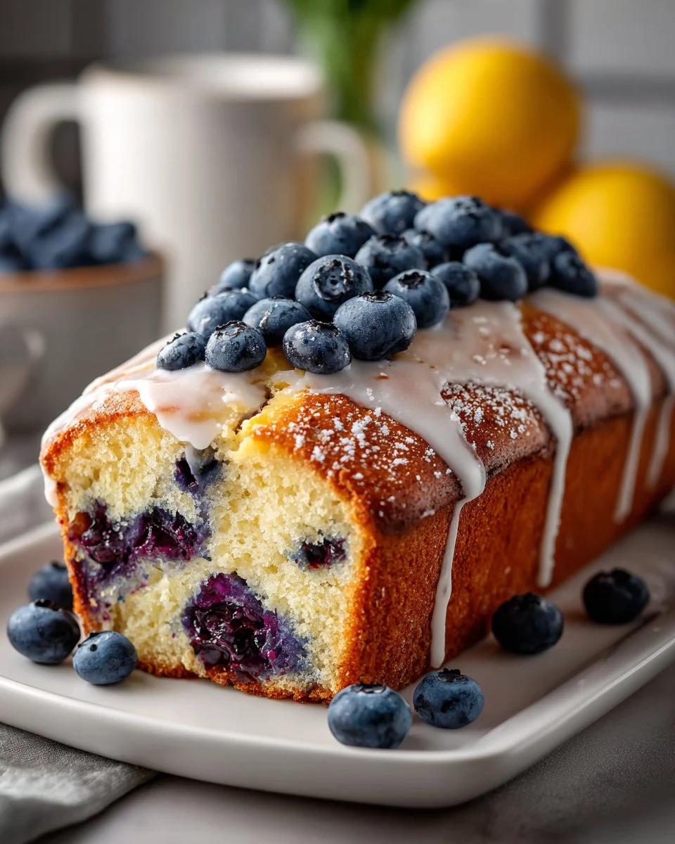 Irresistible blueberry breakfast cake topped with fresh blueberries for a delightful morning treat.