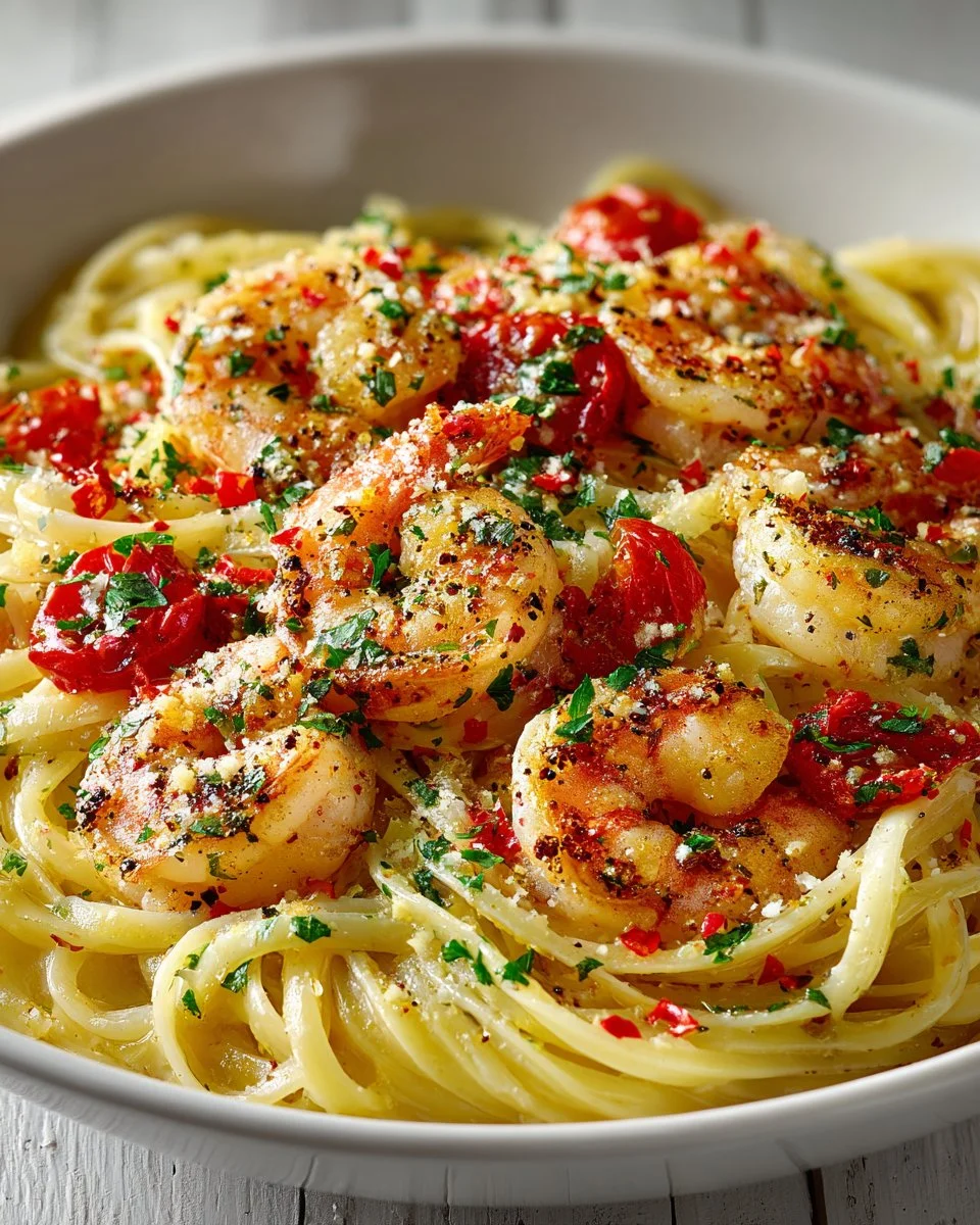 Delicious Juicy Marry Me Shrimp Pasta served in a bowl with herbs and spices.