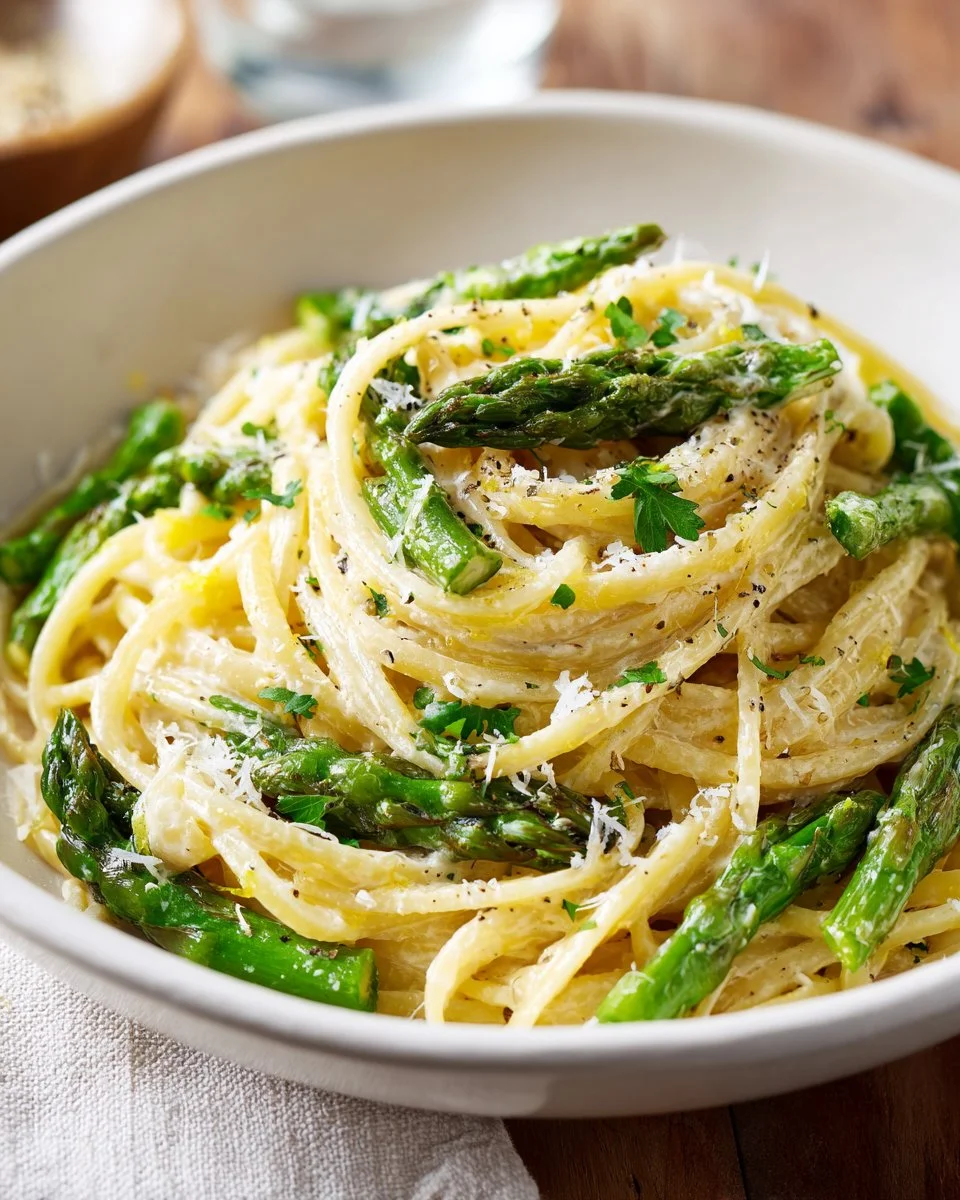 Plate of Lemon Asparagus Ricotta Pasta garnished with herbs