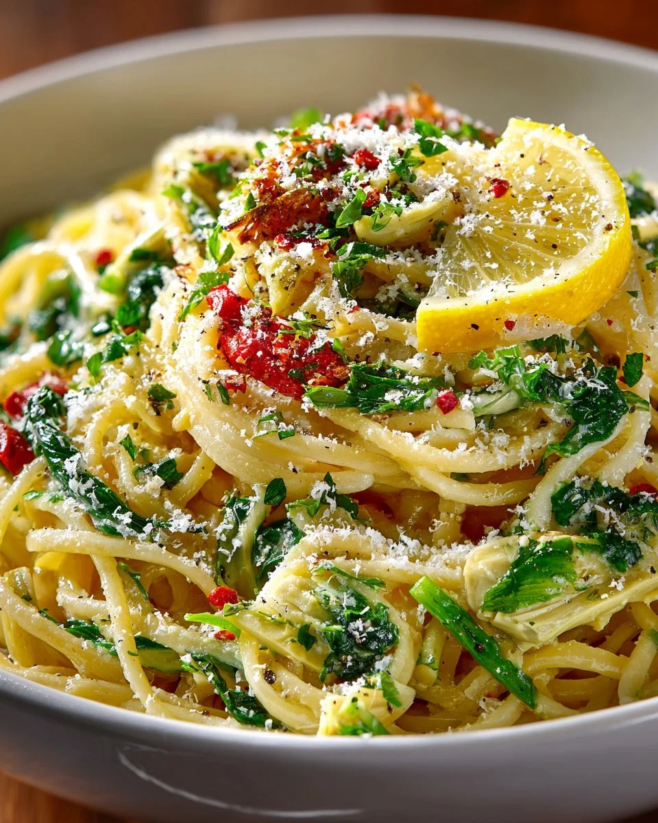 Plate of Lemon Basil Artichoke Pasta garnished with fresh basil and artichoke hearts.