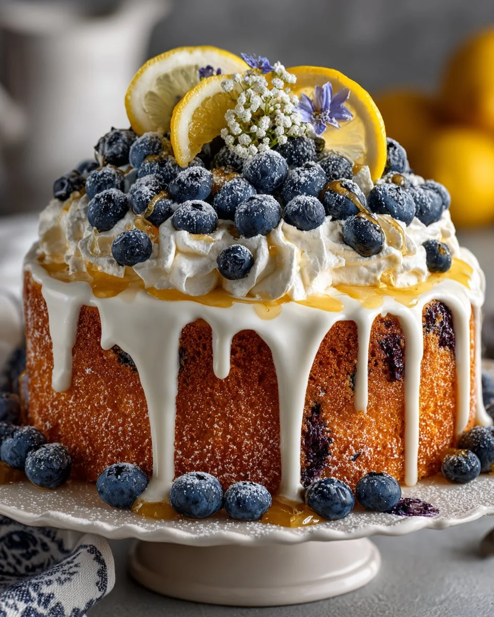 Slice of Lemon Blueberry Chiffon Cake with fresh blueberries and lemon zest