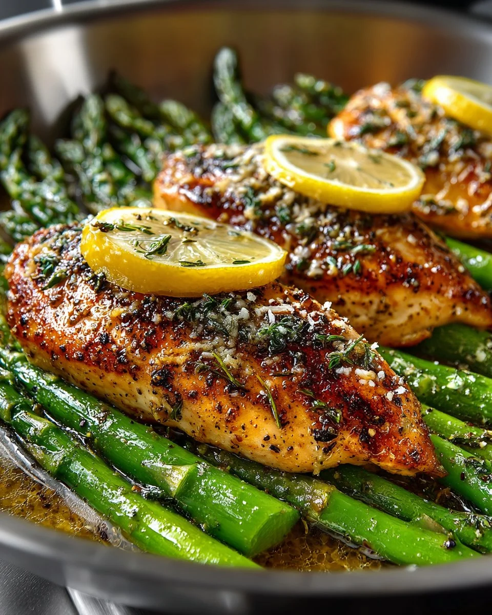 Lemon Herb Asparagus Chicken Skillet in a cast iron pan with fresh herbs and lemon slices