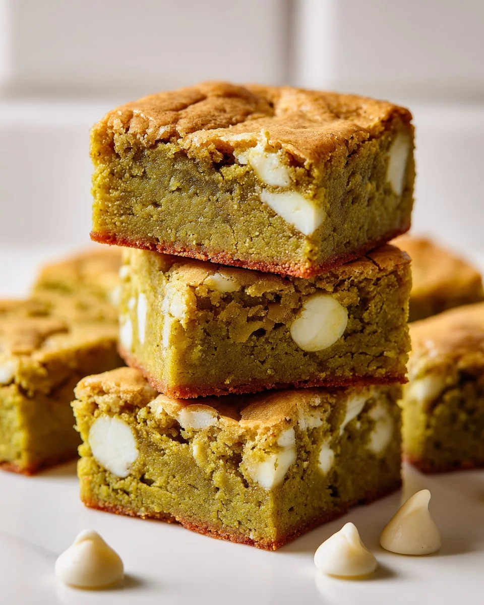Delicious matcha blondies with white chocolate melted on top