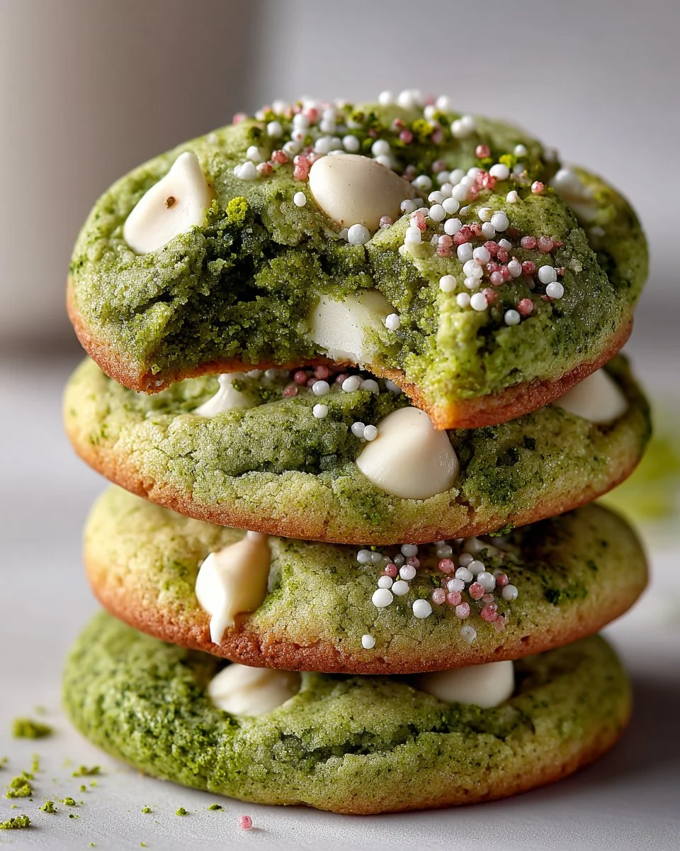 Matcha white chocolate spring cookies on a decorative plate
