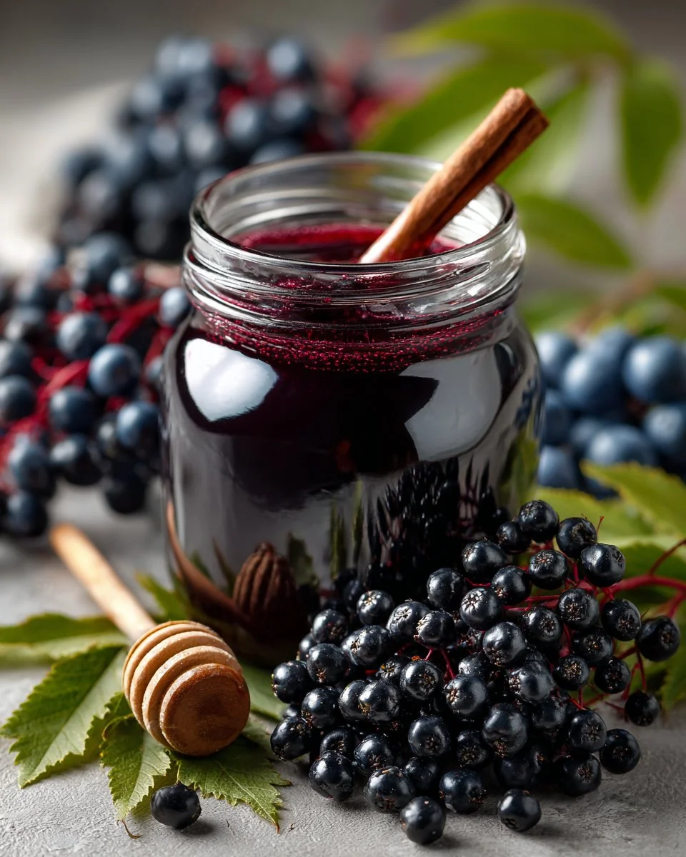 Organic elderberry syrup with mullein in a glass jar