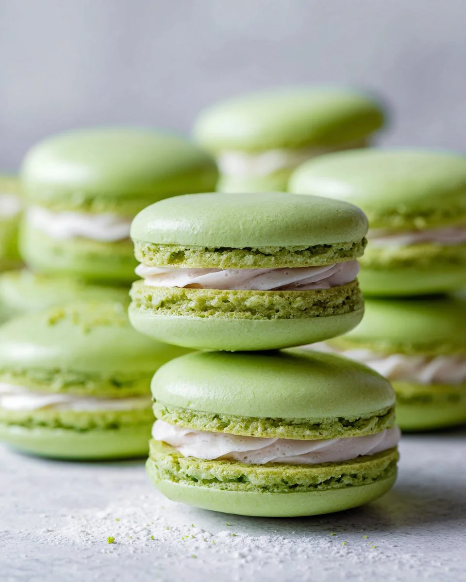 Pistachio Rose Macarons on a decorative plate, showcasing vibrant colors and delicate designs.