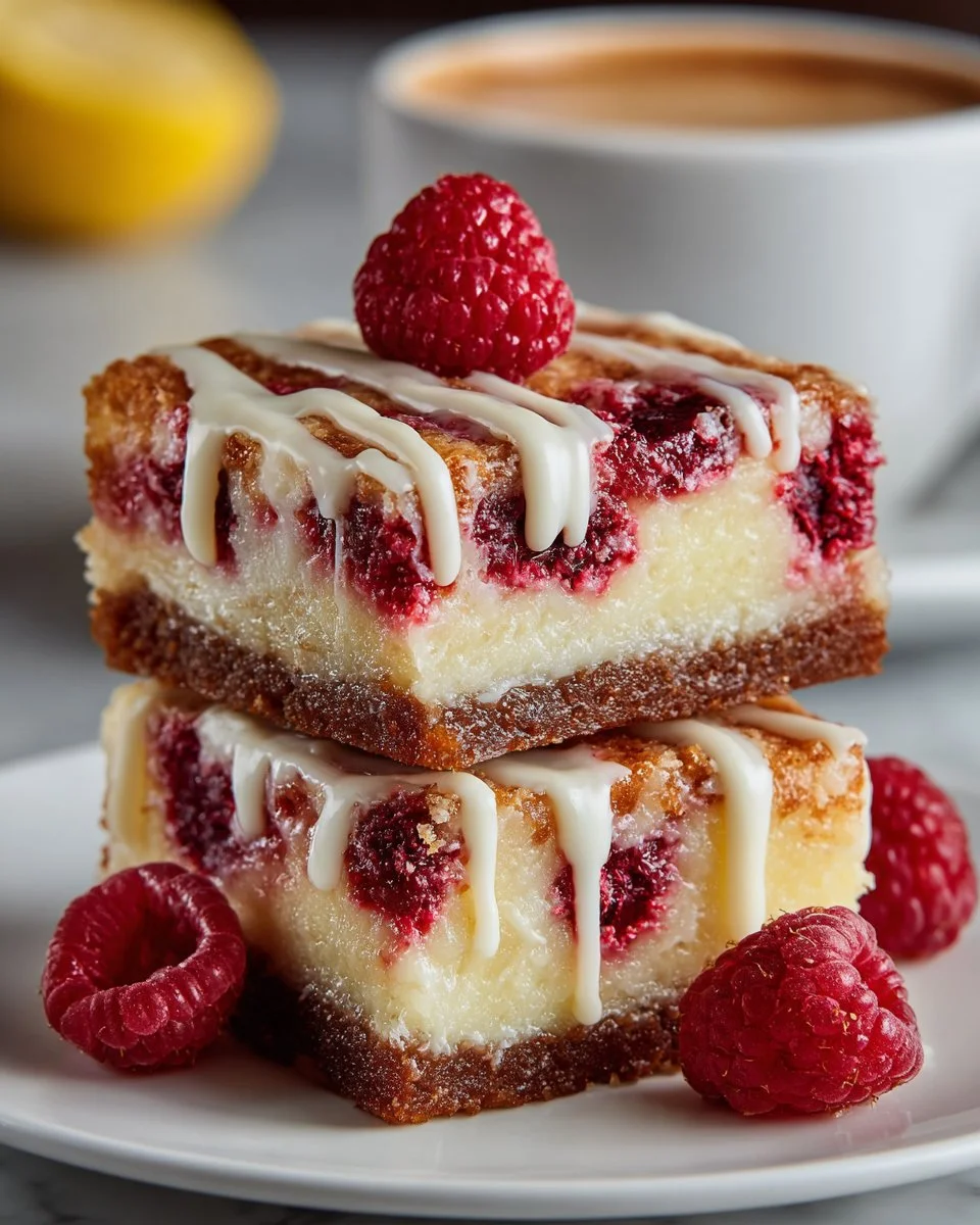 Raspberry Lemonade Blondie Squares fresh dessert with garnished raspberries