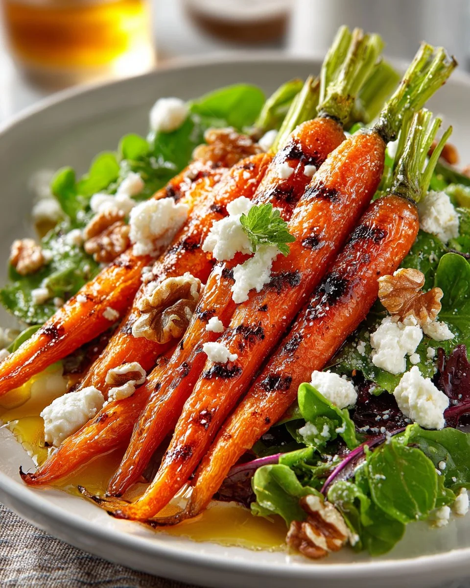 Roasted carrot salad topped with goat cheese and fresh herbs in a bowl