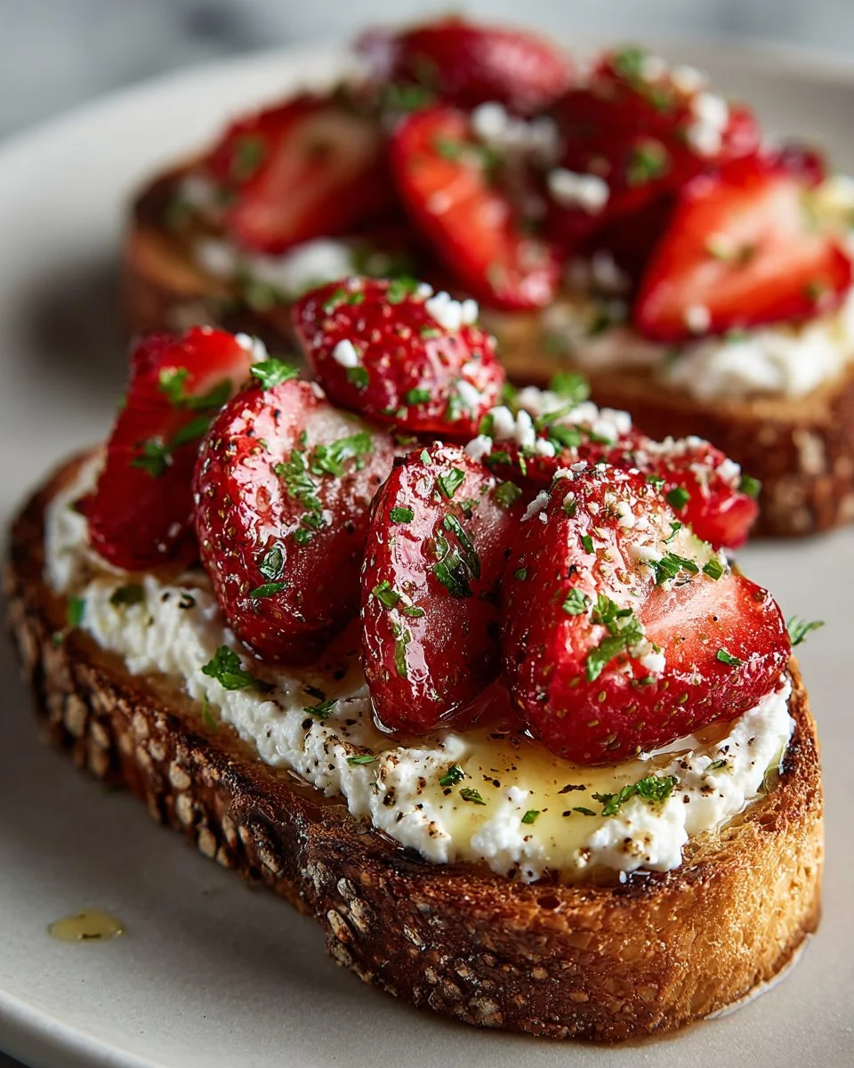 Roasted strawberry whipped ricotta toast garnished with fresh strawberries