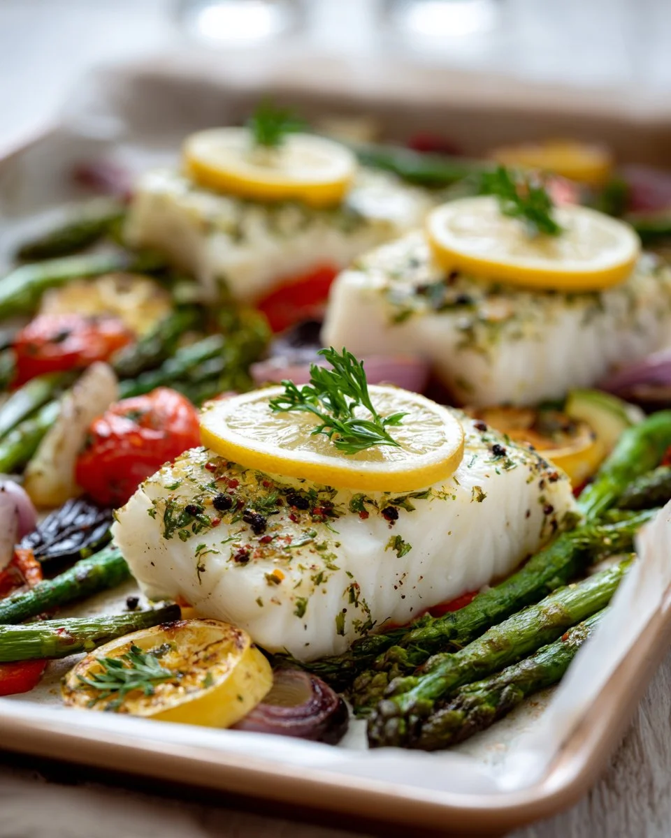Sheet Pan Lemon Herb Halibut with fresh vegetables on a baking tray