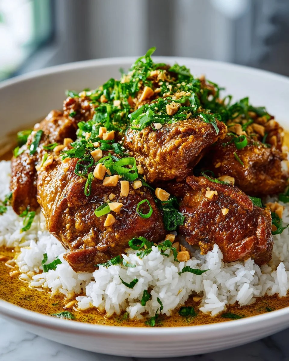 Slow cooker peanut chicken dish served with rice and vegetables