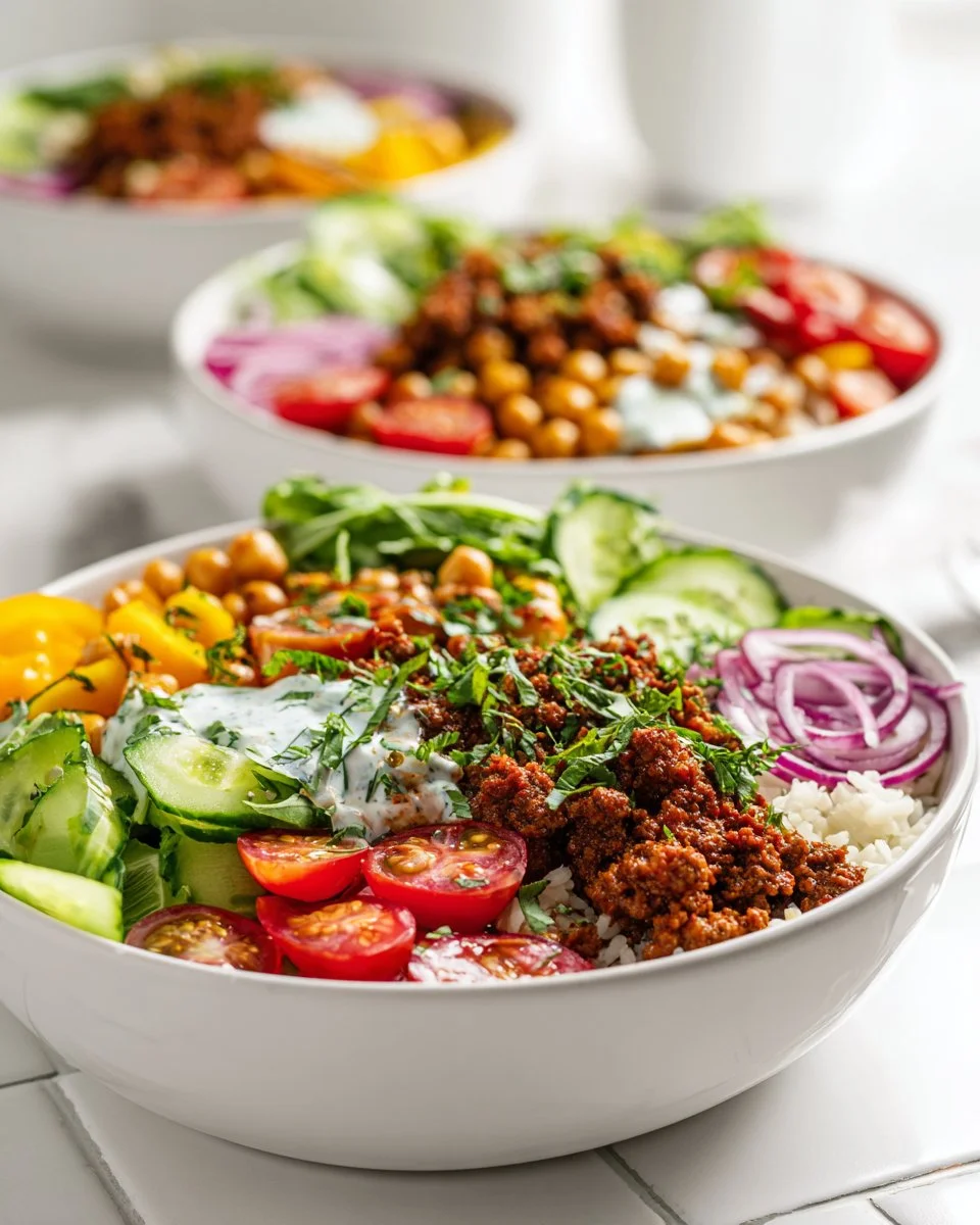 Delicious Spicy Harissa Beef Bowls with rice and vibrant spices