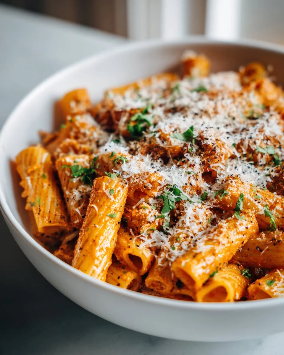 Spicy Harissa Rigatoni Pasta garnished with fresh herbs