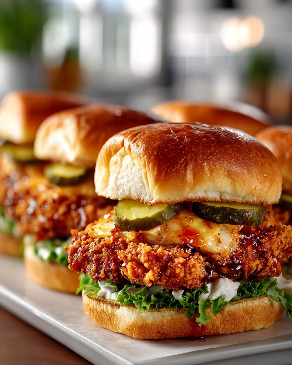 Spicy Honey Butter Crispy Chicken Sliders on a plate, ready to be enjoyed.