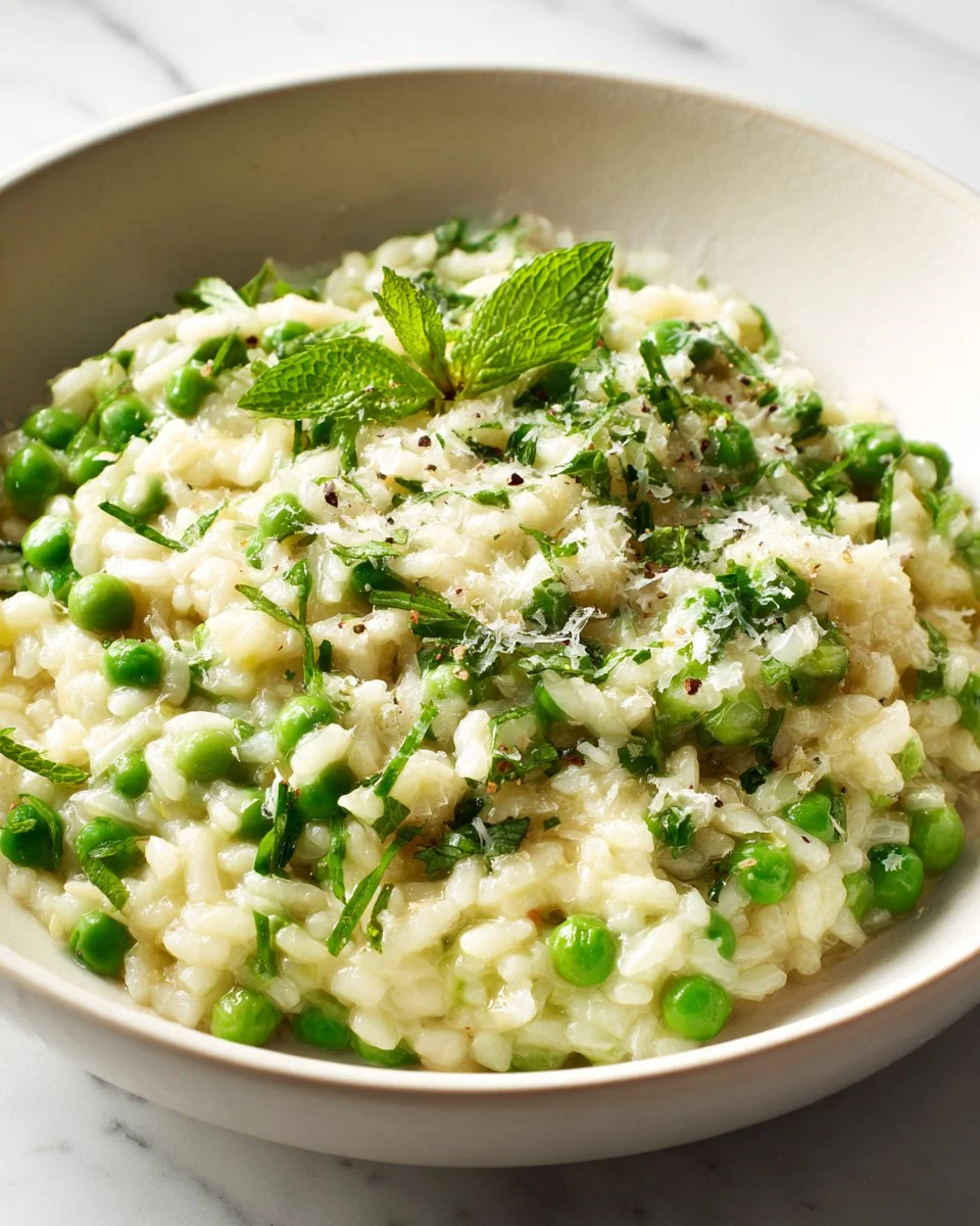 Bowl of spring pea mint risotto garnished with fresh herbs