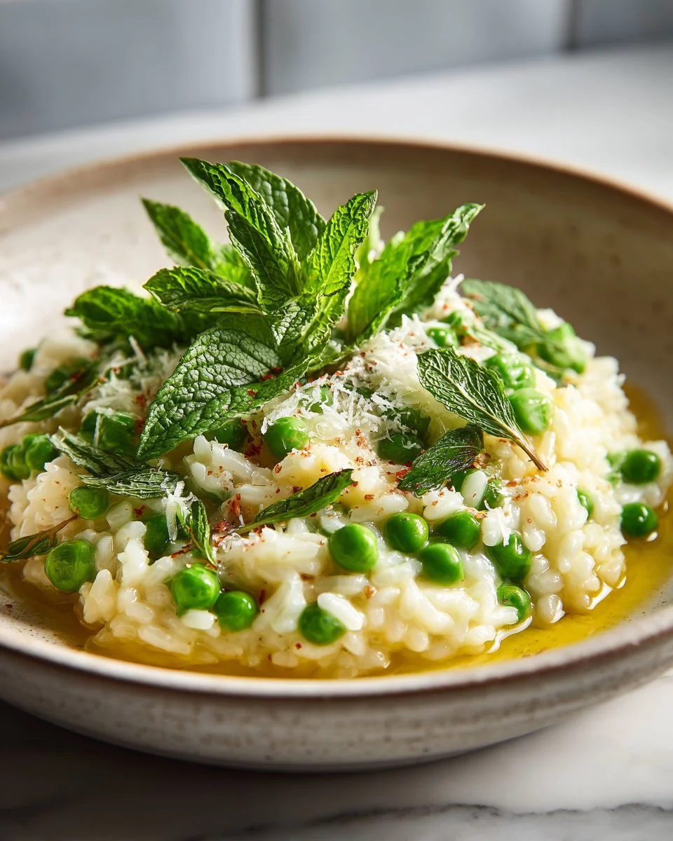 Spring Pea and Mint Risotto garnished with fresh herbs