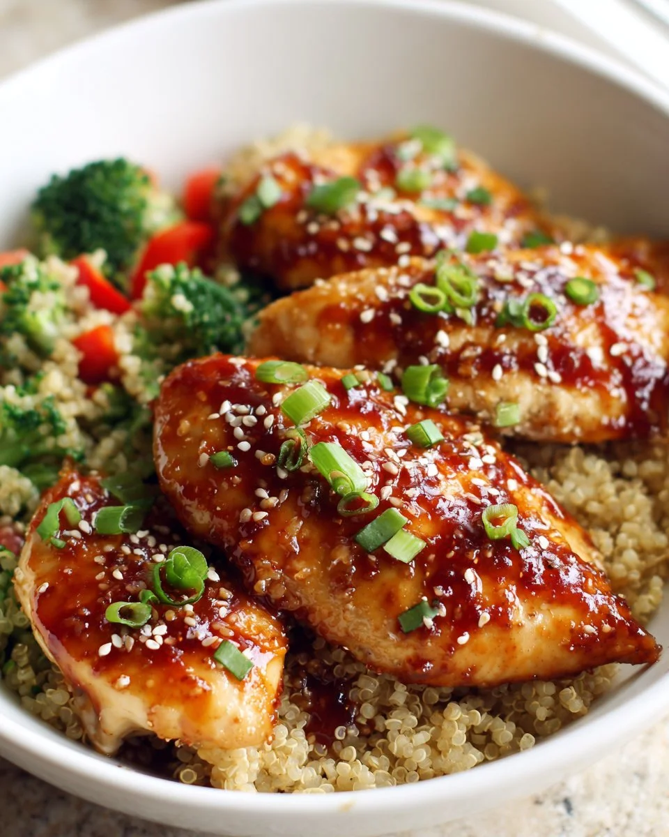 Delicious sticky honey sriracha chicken bowls garnished with fresh herbs