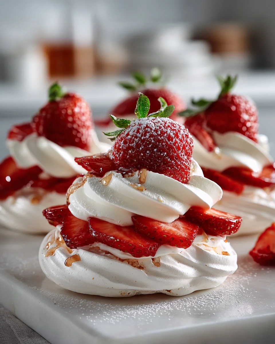 Delicious Strawberry Rhubarb Mini Pavlovas topped with strawberries and rhubarb