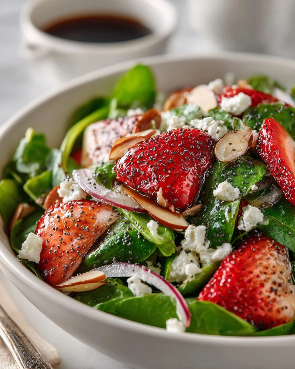 Fresh Strawberry Spinach Salad with poppyseed dressing