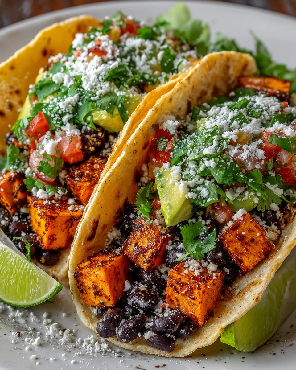Sweet potato and black bean tacos topped with avocado and cilantro